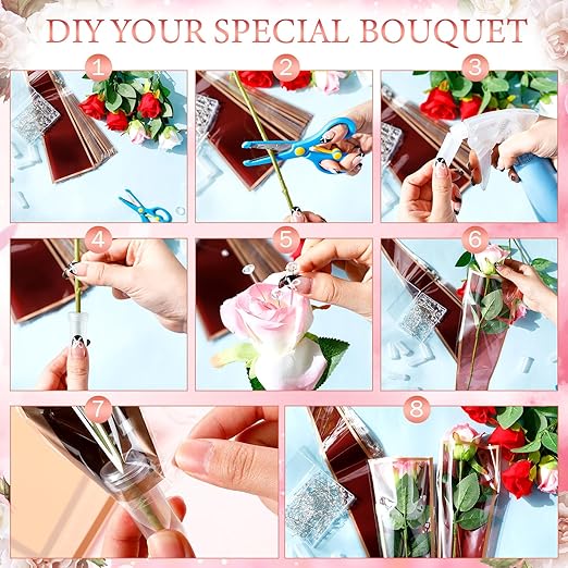 Outus Flower Bouquet Accessories 200 Pcs Single Rose Sleeves with 200 Floral Water Tubes and 200 Crystal Diamond Head Bouquet Pins for Valentine's Day Mother's Days Supplies Graduation(Red)