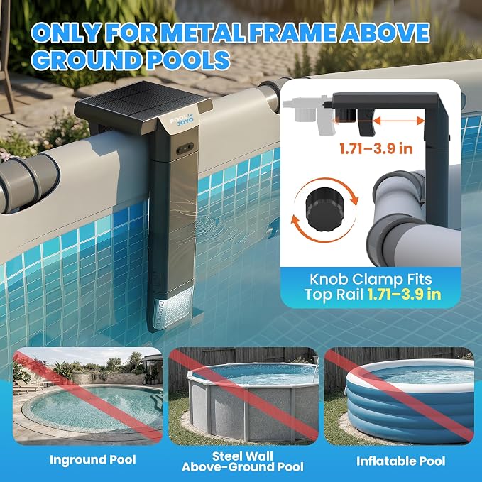 Solar Pool Lights Only for Metal Frame Above Ground Pools, 1.71–3.9 Top Rails, Remote Control, Brighter 3-Sided 180° Underwater Glow, 10 Colors 4 Modes, IP68 Waterproof（1 Pack）