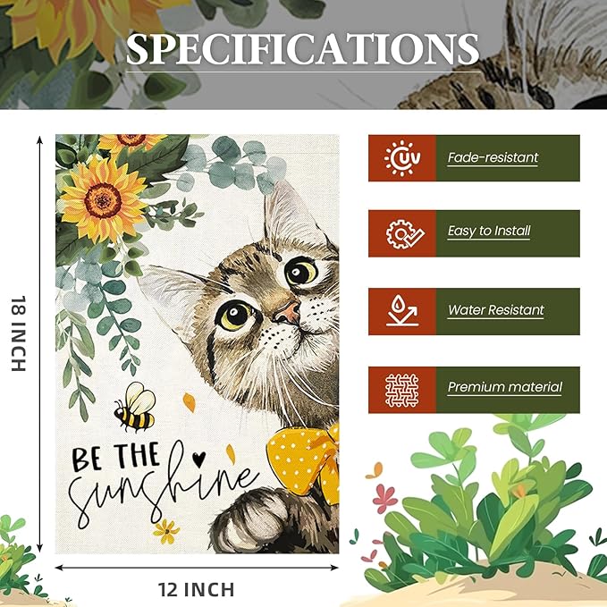 Summer Cat Garden Flag for Outside 12x18 Double Sided,Be The Sunshine Cat with Sunflowers Small Yard Flags, Seasonal Decor for Spring Farmhouse Holiday Outdoor