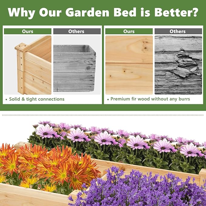 HAPPYGRILL 3-Tier Raised Garden Bed, Wood Elevated Flower Box with Open-Ended Base & Plug-in Connector, Outdoor Planter Raised Beds for Vegetables, Herbs & Fruits