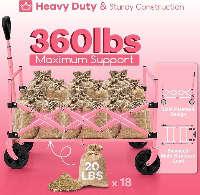 Originsure Collapsible Wagon Cart Foldable - Lightweight Portable Heavy Duty Folding Beach Wagons with Wheels - Outdoor Utility Carts for Grocery, Camping, Shopping with Large Capacity - Pink