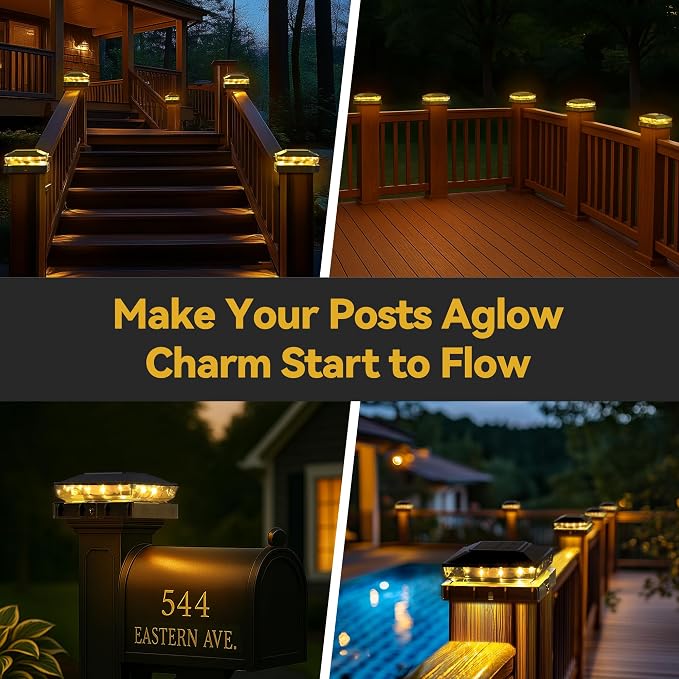 Solar Post Cap Lights, Upgraded Outdoor Deck Fence Post Solar Lights for 4x4 5x5 Wood/Vinyl Posts, IP65 Waterproof, 10-12 Hours Warm White Glow for Garden/Patio/Porch - 6-Pack, Dark Black