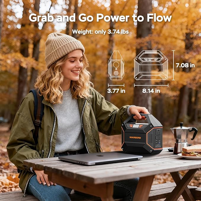MARBERO Portable Power Station 155Wh Portable Charger 100W Power Station with 6 Outputs 2x 110V AC Outlet LED Flashlight for Home Blackout, Camping, RV Travel, Ultra-Light & Silent Fan UL Certified
