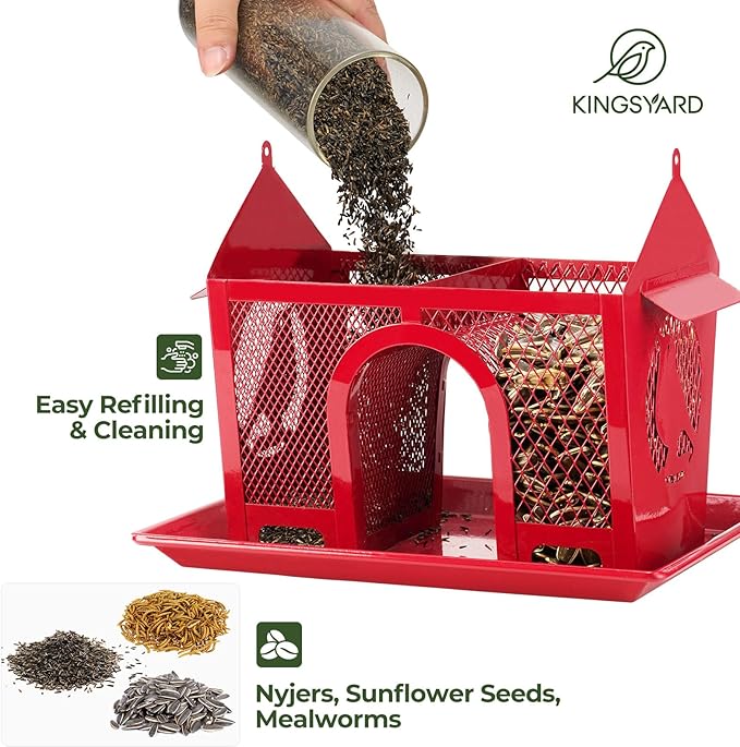 Kingsyard Bird Feeder for Outdoors Hanging, Dual-Use Metal Mesh Wild Bird Feeders with Seed Tray & Weatherproof Roof, 3 lbs Large Capacity, Red