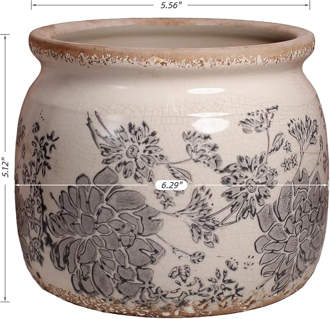 Modern Farmhouse Ceramic Planter for Home Decor, 6.29 Inch Vintage Plant Pot Indoor with Drainage Hole for Succulent Rosemary Plant, Distressed Pottery Vase for Office Balcony Decoration & Gift (Gray)