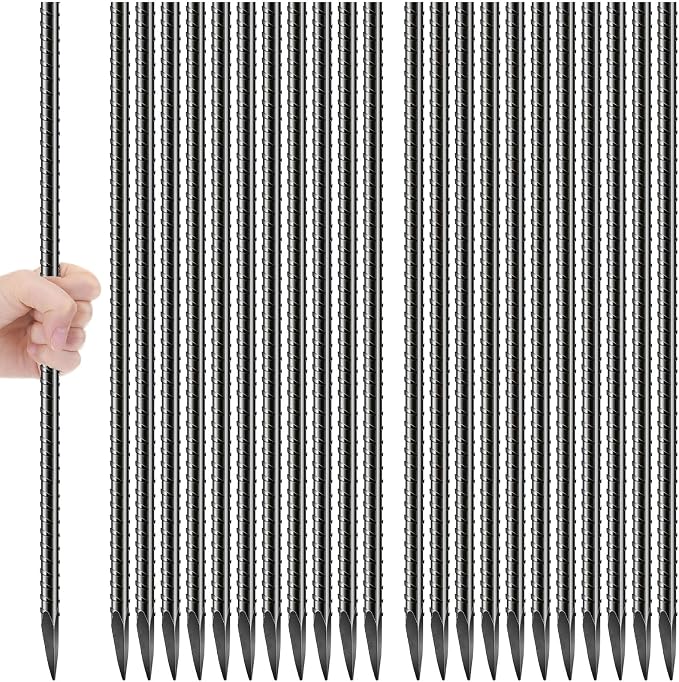 Jetec 24 Pcs 24 Inch Black Ground Rebar Stakes Heavy Duty Ground Anchors Steel Plant Support Garden Stake Long Straight Metal Spikes with Chisel Point End for Garden Concrete Plant Tent