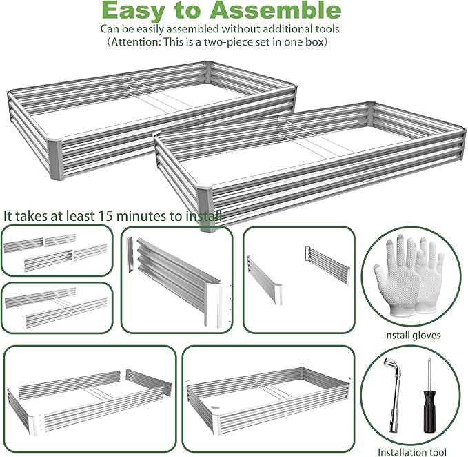 8x4x1ft (2 Pack) Raised Garden Bed Kit, Galvanized Planter Box Outdoor, Metal Raised Garden Beds for Flower,Vegetables, Herb,Silver