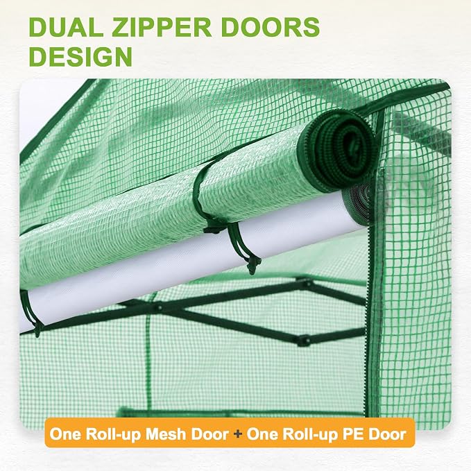 EAGLE PEAK Replacement Cover for 8x6 Portable Pop up Greenhouse, Dual Roll-up Zipper PE Door & Upgraded Screen Mesh Door and 2 Roll-Up Side Windows (Frame Not Included), Green