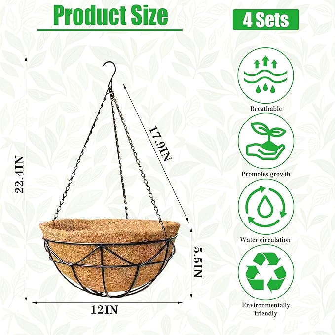 4 Pack 12 Inch Heavy Duty Hanging Basket Outdoor Metal Hanging Planters with Coco Coir Liners Black Hanging Flower Baskets for Outdoor Plants Patio Porch Balcony Garden（Geometric）