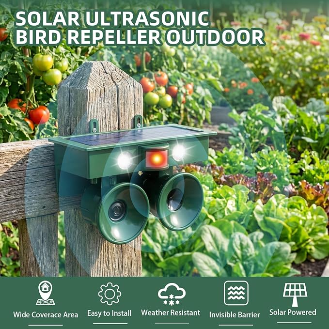 2026 Upgraded Solar Bird Repellent Outdoor: Ultrasonic Pigeon Repeller with Motion Sensor&LED Flash Light-Professional Woodpecker Deterrent for Farm,Garden,Patio-Waterproof Bird Deterrent Device