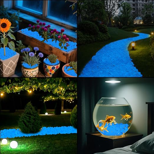 200PCS 1-1.2" Blue Glow in The Dark Pebbles Fish Tank Rocks Outdoor Glowing Rocks Luminous Stones for Walkway Pathway Backyard Glow in The Dark Rocks for Garden