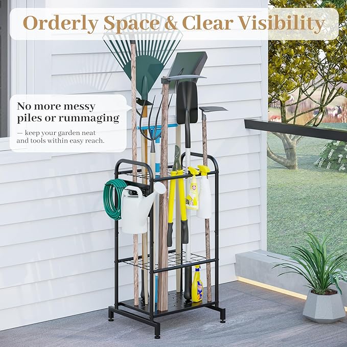 Garden Tool Organizer, Garage Tool Storage Rack, Heavy Duty Metal with Side Pegboard & Adjustable Hooks, Utility Racks for Shed, Patio & Outdoor Use