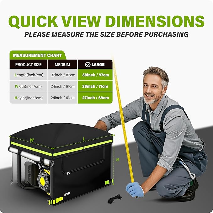 Generator Tent Cover with Extra Heavy Duty Stainless Steel Brackets, Vaulted Design, No Standing Water, 38"Lx28"Wx27"H, 100% Waterproof, Generator Covers While Running. Black