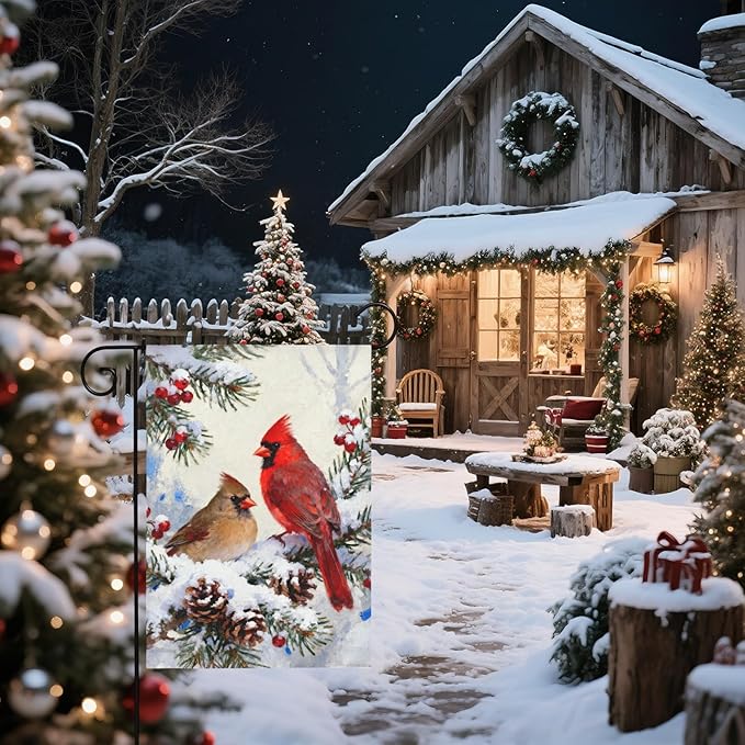 Winter Cardinal Garden Flag 12x18 Inch Pinecone Holly Christmas Snow Scene Holiday Decorative Yard Flags for Outside Double Sided Seasonal Outdoor Home Farmhouse Decoration Porch New Year Decor