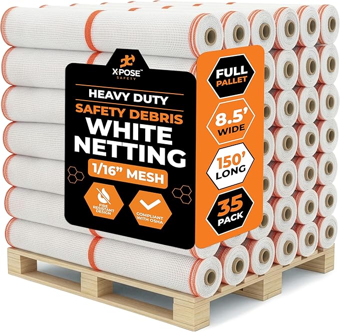 Xpose Safety Debris Netting for Construction – 8.5’ x 150’, 1/6" Mesh Scaffold Safety Net, Temporary Material Roll, Visibility Fence, Heavy-Duty Fire Retardant, White (35-Pack)