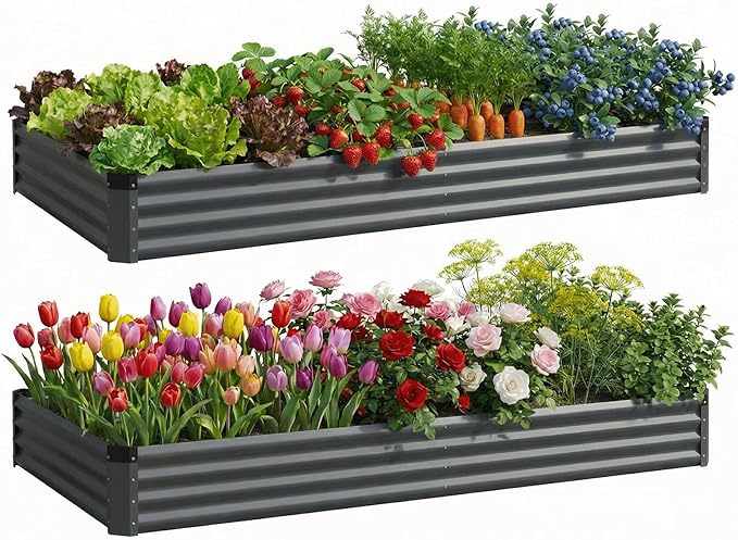 2PCS 6x2x1 FT Rectangle Metal Raised Garden Bed Kit, Elevated Garden Planter Box Outdoor, Large Planters for Outdoor Plants, Flower, Vegetables, Fruit, Herbs (Dark Gray)