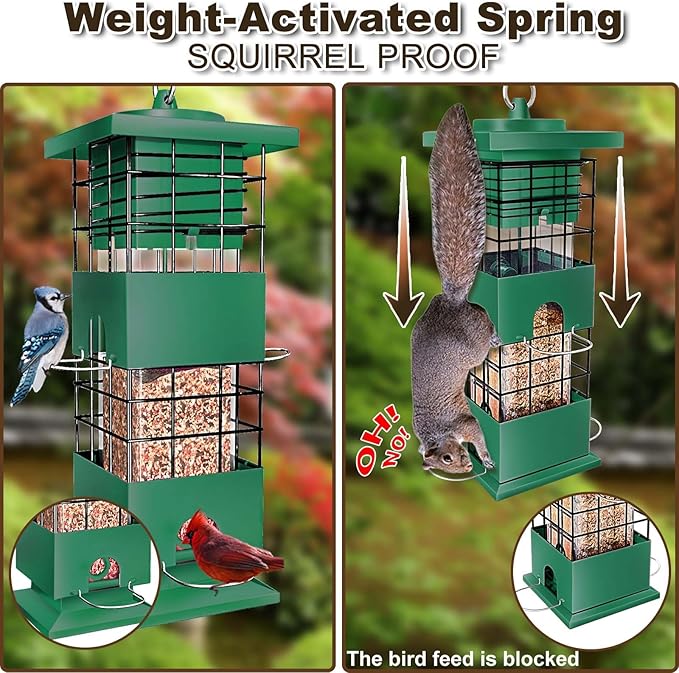 Squirrel Proof Bird Feeder, 3LBS Metal Hanging Bird Feeders for Outdoors, Weight-Activated Perches Wild Birdfeeder for Blue Jay, Cardinal (Green)