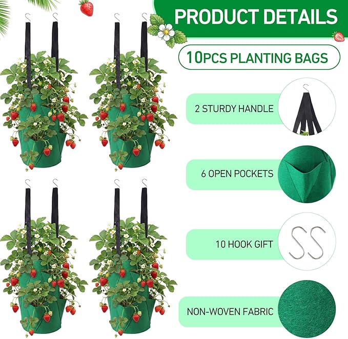 SATINIOR 10 Pack Upside Down Strawberry Planter Set Hanging Vegetables Grow Bags with 10 S Hooks, 3 Gallon Fabric Planting Bags for Easy Vertical Gardening(Deep Green)