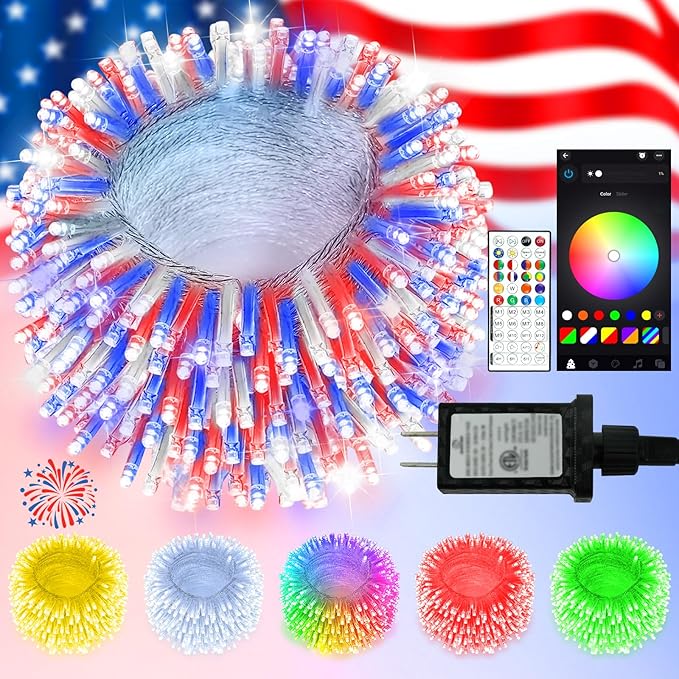 4th of July for Smart Color Changing String Lights Indoor, 88FT 240LED App Control RGB LED String Lights with Remote & Timer, Waterproof Twinkle Tree Lights Outdoor for Independence Day Decor