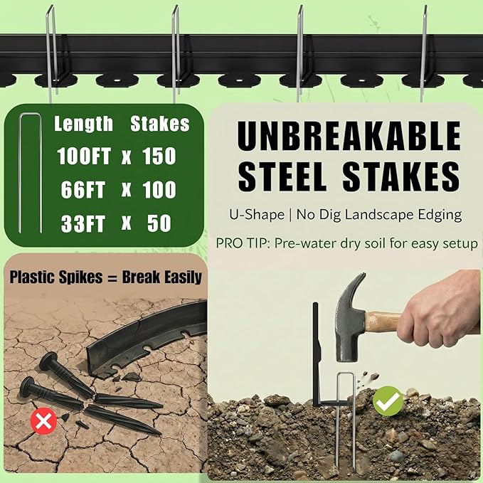 Bluepro Landscape Edging, 4 Inch 33 ft Garden Edging Border Kit with 50 Steel Stakes (Strong) & Reinforced Design - Tall Plastic Lawn Barrier for Flower Beds, Walkways & Yard