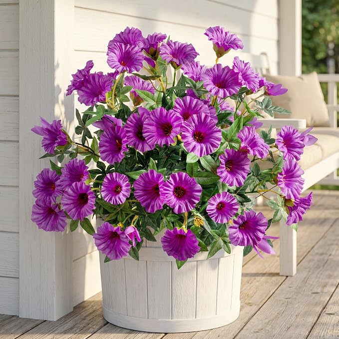 Purple Artificial Morning Glory Flowers for Outdoor Planters, Premium UV Resistant Silk Faux Flowers for Porch, Hanging Basket & Window Box, Cottage Garden Decor, No Pot, 13.3 Inch, 4 Bundles