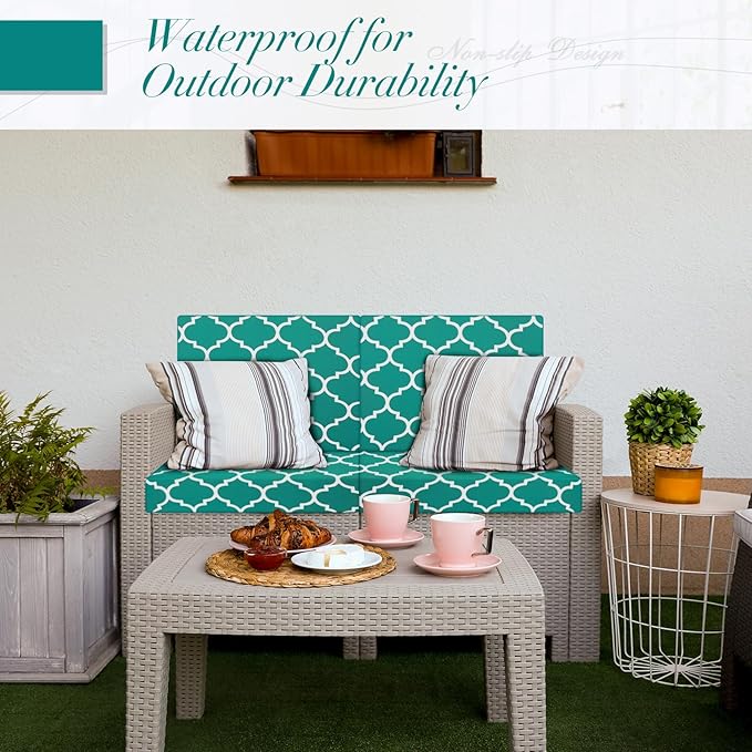 Newwiee 8 Pcs Stretch Patio Outdoor Cushion Covers Waterproof Replacement Sofa Couch Covers for 4 Backrests and 4 Cushions Washable Lawn Garden Seat Furniture Protector(Peacock Blue)