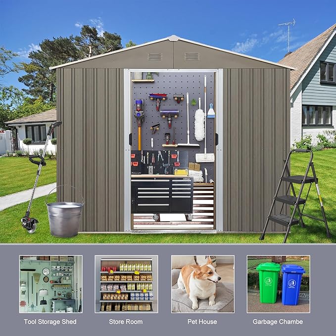 KEIKI 8x10 FT Outdoor Metal Storage Shed with Peaked Roof,Vents and Lockable Door for Garden Yard Lawn