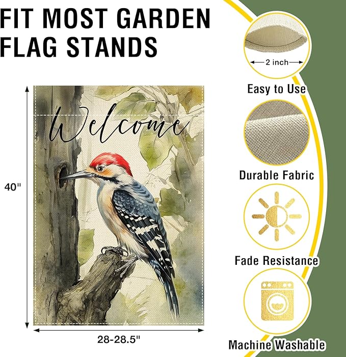 Artofy Welcome Woodpecker Large Decorative House Flag, Spring Summer Watercolor Bird Tree Yard Garden Outside Decor, Seasonal Burlap Outdoor Home Decoration Double Sided 28 x 40