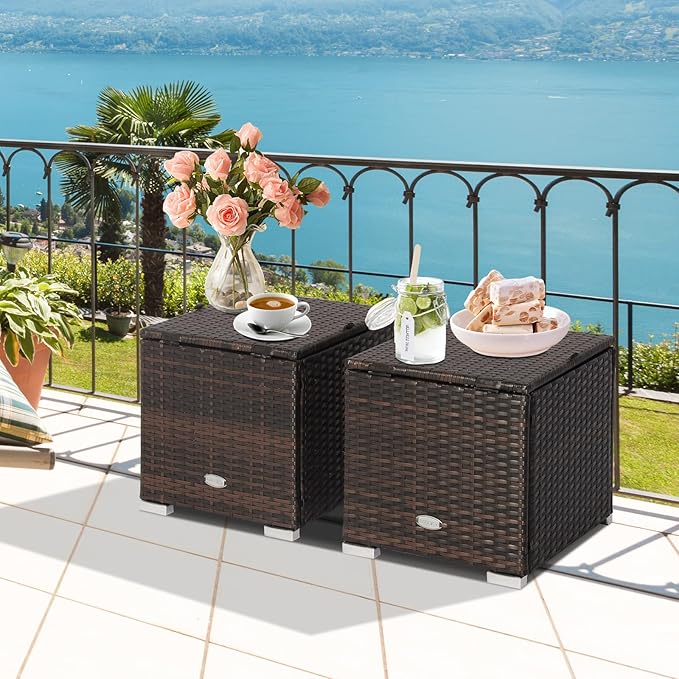 Tangkula 2 Pieces Patio Ottomans, Patiojoy Hand-Woven PE Rattan Side Table with Removable Cushion & Hidden Storage Space, Multifunctional Storage Box, Seats for Patio, Backyard, Poolside (Grey)