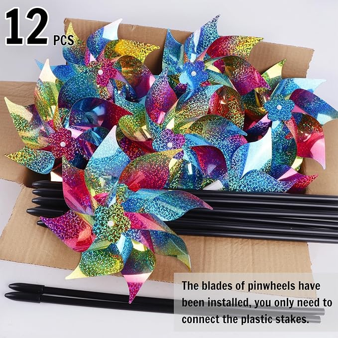 Hausse 12 Pack Reflective Pinwheels with Stakes (Pre-Assembled), Extra Sparkly Rainbow Pin Wheel for Garden Decor, Bird Repellent Devices Deterrent to Scare Birds Away from Yard Patio Farm, Colorful