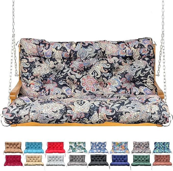 Porch Swing Cushion with Backrest,Waterproof Bench Cushion for Outdoor Furniture,2-3 Seater Replacement Thickened Swing Cushion with Ties,Patio,Outdoor,Backyard and Garden (Vintage Paisley,60x40")