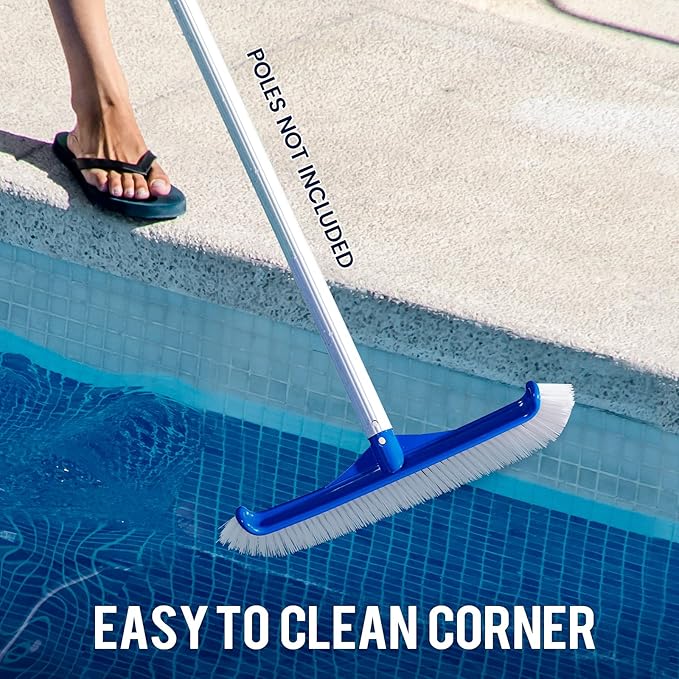 Pool Brush Head - 18" Pool Brush for Cleaning Pool Walls, Premium Swimming Pool Brush with Strong Bristle & EZ Clip, Curved Ends High-Efficiency Pool Accessories for Inground Pools, Tiles, Floors