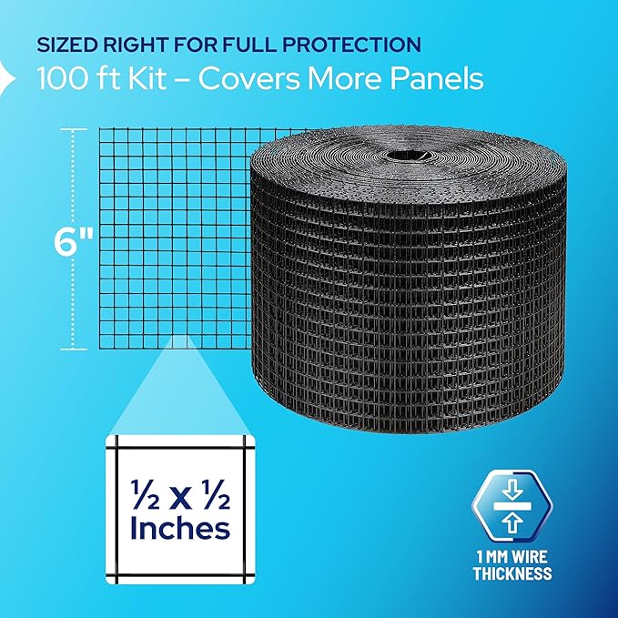 KASTLITE Solar Panel Bird Guard Mesh Kit - 6in x 100ft PVC Coated Galvanized Wire Screen, 100 Stainless Clips, Pliers & Gloves - No Drill Critter Shield, Rodent Barrier Fence for Under Panels, Black