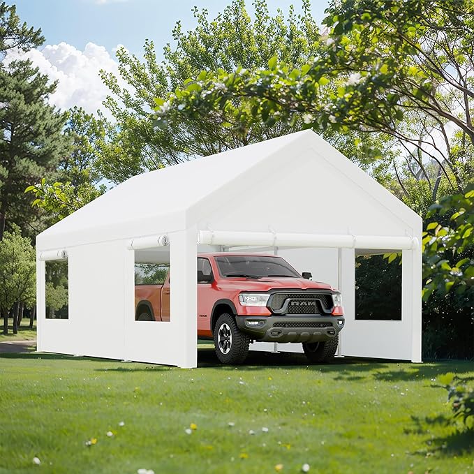 JY QAQA Carport, 12x20 FT Heavy Duty Carport with Removable Side Walls and Doors, Portable Garage with Roll-Up Window and Sandbags, Car Canopy with All-Season Tarp for Cars, Trucks, Boats, White