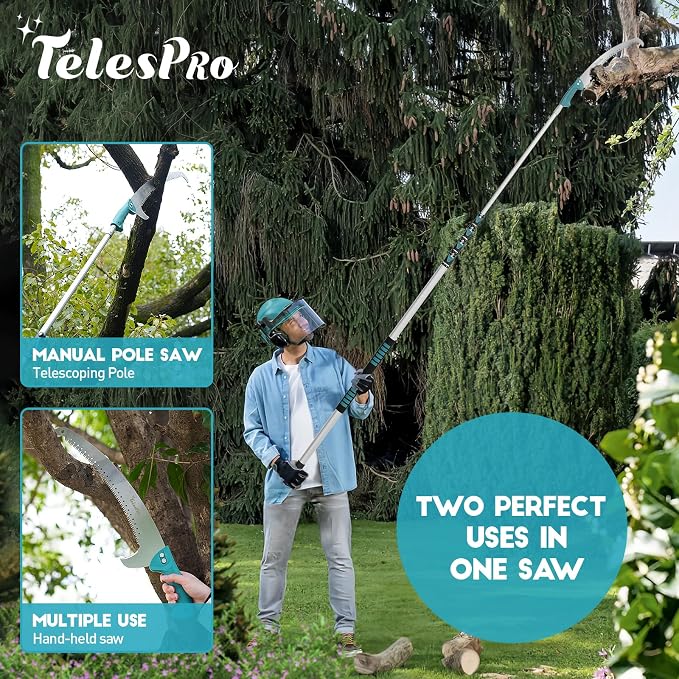 TelesPro Extendable Tree Trimmer: Manual Pole Saw | 6-24ft Telescoping Pruning Pole for Tree Trimming | Saw Attachment, Safety Goggles, and Gloves Included | Trim Branches up to 2" Diameter