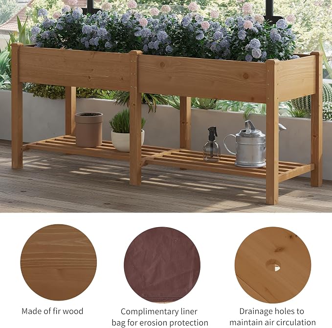 Raised Garden Bed with Legs Elevated Wooden Planter Box Stand Large Planter Stand Box for Fruits Vegetables Flowers with Divider with Bag- 72 * 24 * 30.5IN（Brown）
