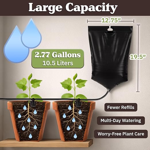 Automatic Plant Waterer Indoor Drip Irrigation System with 2.77Gal Water Bag and 7 Adjustable Drippers for Potted Houseplants, Balcony, or Vacation - Indoor Plant Watering Devices by Pure Garden