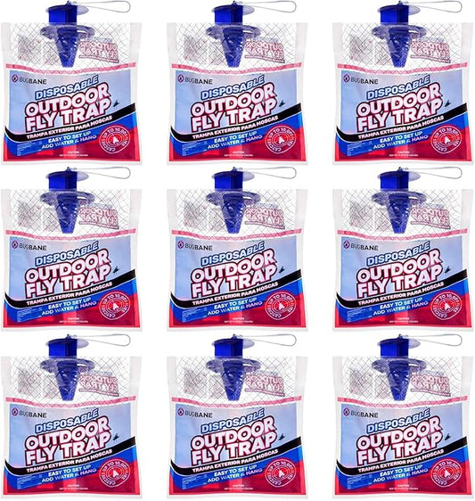 Fly Traps Outdoor Fly Trap for Patio. 9 Non-Toxic Pre-Baited Flies Bags Outdoor Disposable. Hanging Bug Catchers for All Filth Flies Killer for Outside Bug Control in Yard Horse Ranch Trash Can.