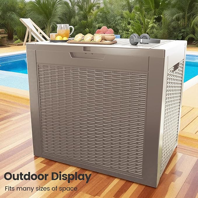 31 Gallon Outdoor Storage Box - Waterproof Resin Rattan Deck Box for Indoor & Outdoor Use - Lockable Outside Storage Bin for Package Delivery, Patio Cushions & Gardening Tools, Brown