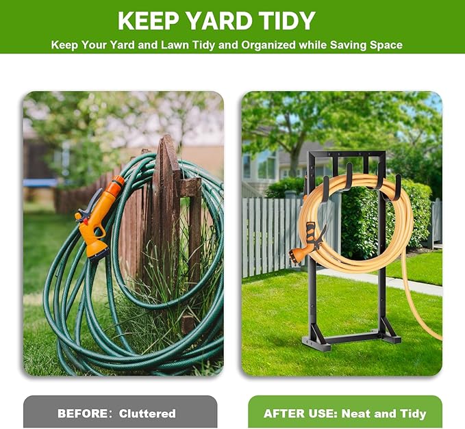 Heavy-Duty Garden Hose Holder with Stable Base and Tool Hooks, Freestanding Metal Hose Hanger Garden Hose Storage Holds 151Ft Hose, Rustproof Water Hose Holder for Outside Yard Lawn, Black
