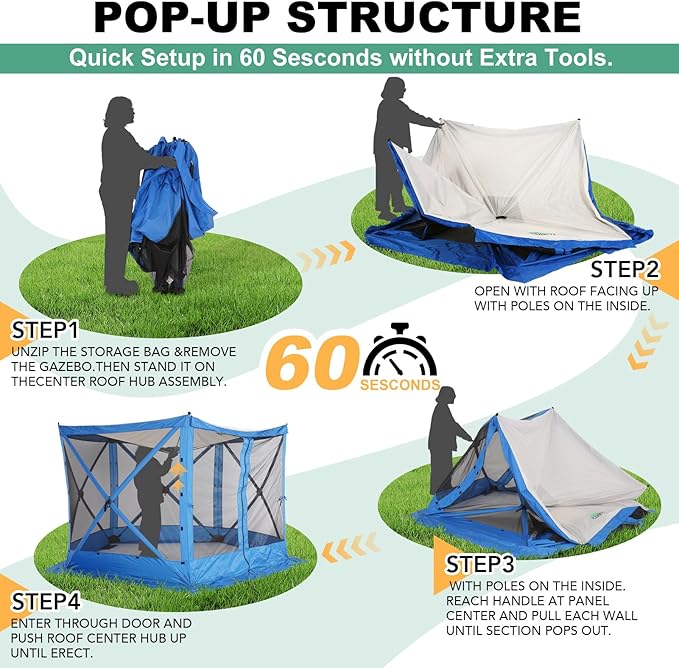 COBIZI 10x10 FT Pop up Gazebo, Popup Canopy Tent,Instant Screened in Gazebos, Waterproof Portable Outdoor Small Screen Tents Sun Shelter,carpas para Patio for Camping, Garden and Backyard,Blue
