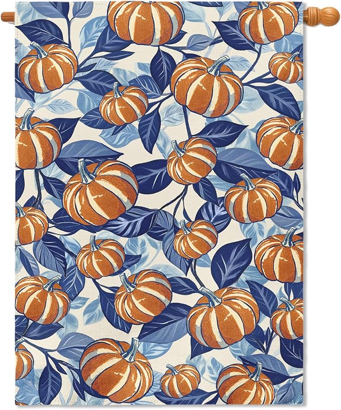 Blue Burnt Orange Fall House Flag 28x40 Inch Autumn Pumpkin Leaf Harvest Theme Thanksgiving Decorative Garden Flags for Outside Double Sided Outdoor Home Farmhouse Decoration Yard Porch Decor