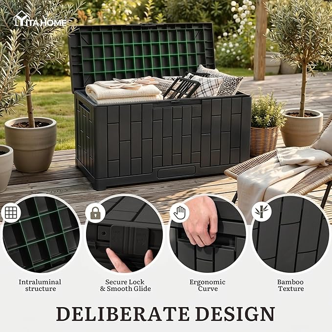 YITAHOME 60 Gallon Outdoor Storage Box, Waterproof Resin Deck Box with Slide-Locking Lid, Patio Storage Bin and Bench Seat for Patio Furniture, Garden Tools and Pool Accessories, Black