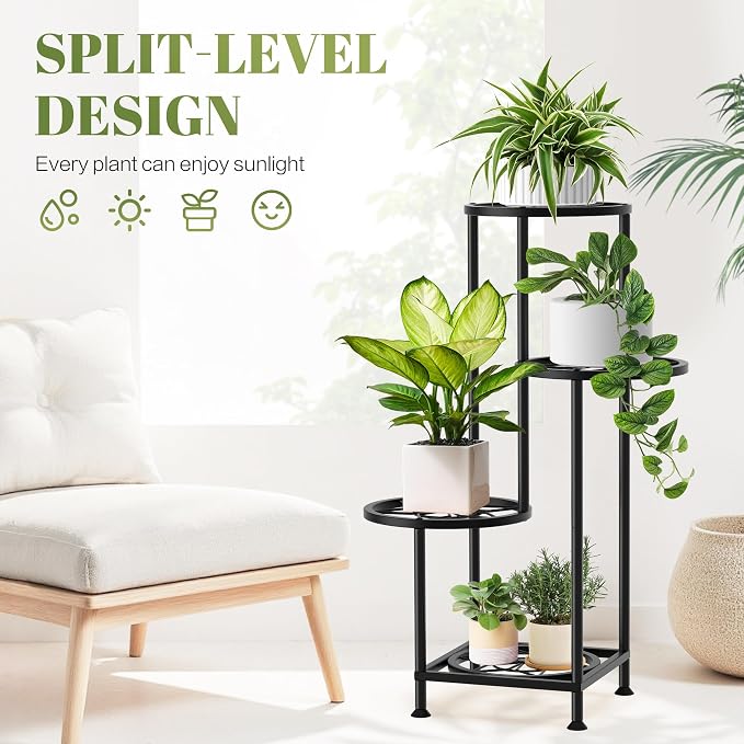 4 Tier Plant Stand Indoor Outdoor, Metal Flower Shelf Display Holder, Multiple Plants Corner Tall Flower Holders for Patio Balcony Porch Garden Living Room (Diamond Black)