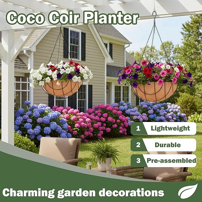 4 Pack 14 Inch Hanging Baskets for Plants Outdoor Metal Hanging Planter Basket with Coco Coir Liner Hanging Flower Baskets Hanging Flower Pots Holder for Garden, Patio(Earth)