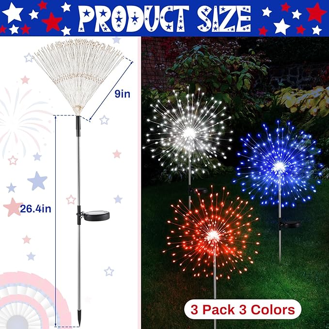 Tujoe 3 Pcs 4th of July Solar Firework Lights Patriotic Solar Light Outdoor Garden 120 LED 8 Modes Waterproof LED Sparkler Light for 250th Anniversary Patio Yard Pathway Walkway (Red,White,Blue)