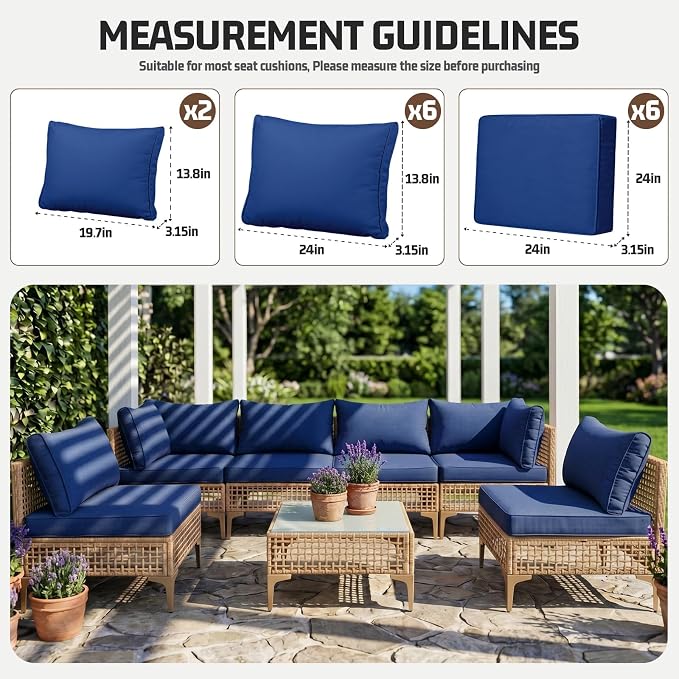 14pcs Outdoor Patio Cushion Covers Replacement, 24" Zippered Outdoor Cushion Covers Waterproof, UV Resistant & Washable Patio Furniture Cushion Covers Waterproof for Patio Sectional, Navy Blue