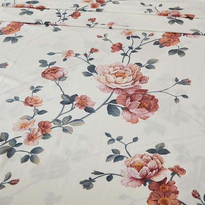FADFAY Sheets Set Twin Shabby Beige Floral Bedding Elegant Peony Sheets Set Vintage Flower Bedding Collections Soft 100% Egyptian Cotton 800 Thread Count Deep Pocket Fitted Sheet, 4Pcs-Twin Size