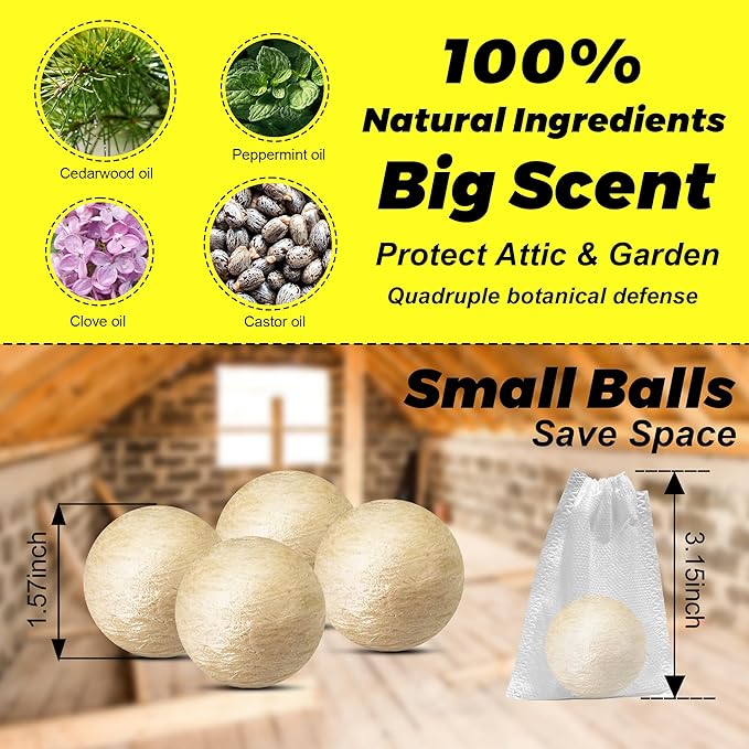 Squirrel Repellent Balls- Chipmunk & Rodent Deterrent for Outdoor & Indoor Use, Attic, Garden, Cars, Bird Feeders - Safe for Pets & Kids, Lasts 30-60 Days (12)