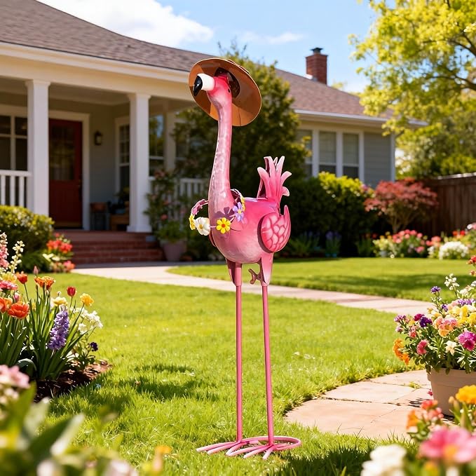 Natelf Flamingo Metal Garden Statue Outdoor Pink Hawaii Flamingo Yard Art Sculpture Decor with Flower Lei & Straw Hat, Waterproof Rust-Proof Lawn Decor for Pool, Beach, Patio, Poolside, Tropical Party